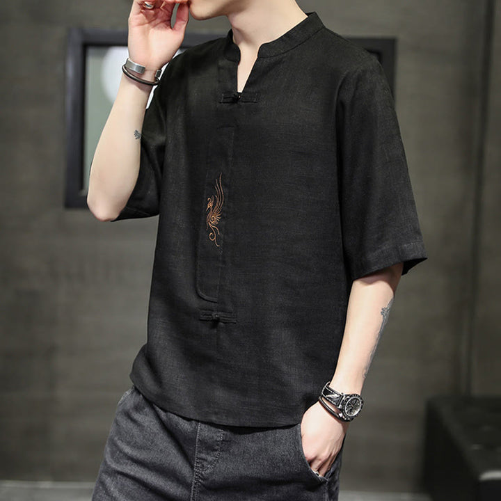 Buddha-Steine, Frosch-Knopf, Phönix-Stickerei, chinesischer Tang-Anzug, kurzärmeliges Hemd aus Baumwolle und Leinen für Herren - image 22