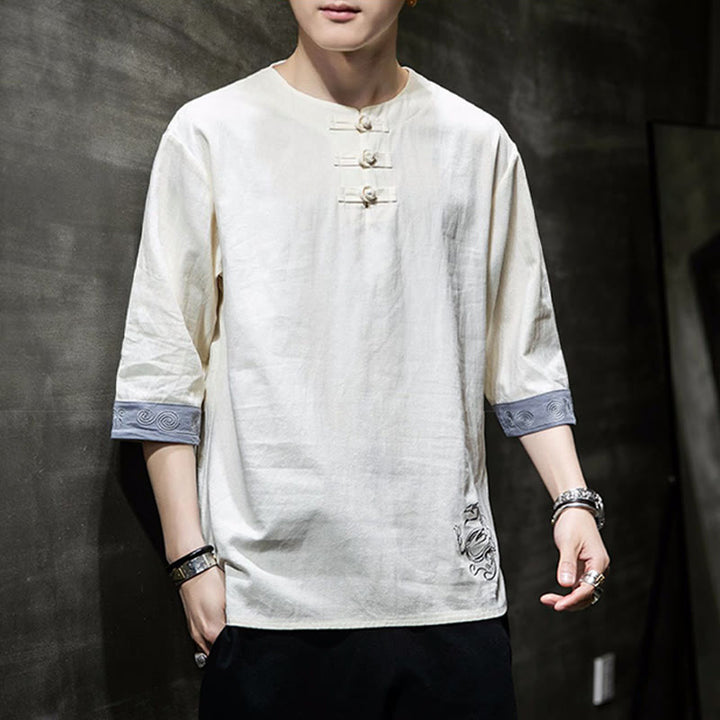 Buddha-Steine, Frosch-Knopf, Drachen-Stickerei, chinesischer Tang-Anzug, Dreiviertelärmel, Hemd aus Baumwolle und Leinen, Herrenbekleidung - image 3