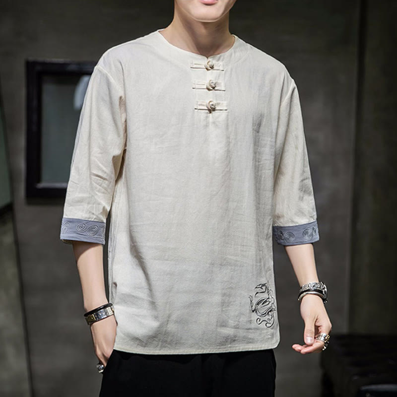 Buddha-Steine, Frosch-Knopf, Drachen-Stickerei, chinesischer Tang-Anzug, Dreiviertelärmel, Hemd aus Baumwolle und Leinen, Herrenbekleidung - image 8