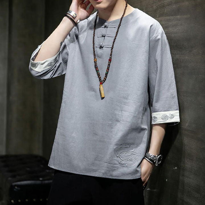 Buddha-Steine, Frosch-Knopf, Drachen-Stickerei, chinesischer Tang-Anzug, Dreiviertelärmel, Hemd aus Baumwolle und Leinen, Herrenbekleidung - image 19