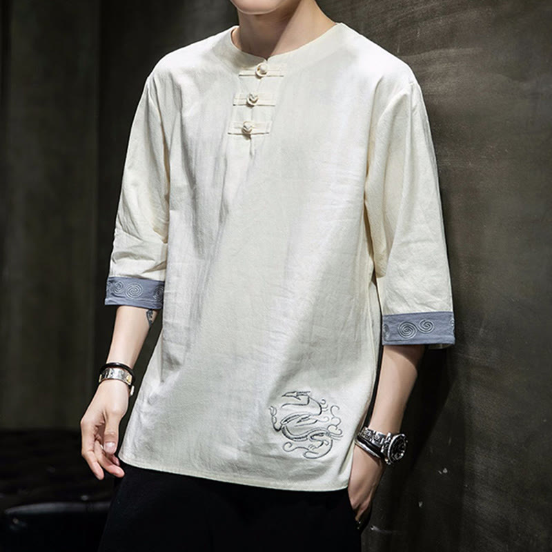 Buddha-Steine, Frosch-Knopf, Drachen-Stickerei, chinesischer Tang-Anzug, Dreiviertelärmel, Hemd aus Baumwolle und Leinen, Herrenbekleidung - image 4