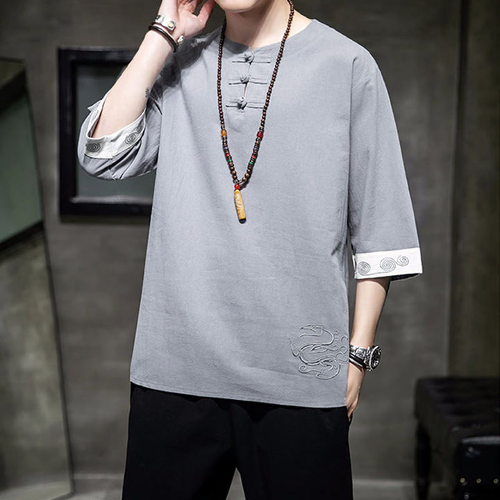 Buddha-Steine, Frosch-Knopf, Drachen-Stickerei, chinesischer Tang-Anzug, Dreiviertelärmel, Hemd aus Baumwolle und Leinen, Herrenbekleidung - image 20