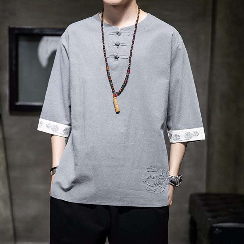 Buddha-Steine, Frosch-Knopf, Drachen-Stickerei, chinesischer Tang-Anzug, Dreiviertelärmel, Hemd aus Baumwolle und Leinen, Herrenbekleidung - Hellgrau - US/ UK/AU46,EU56 (5XL)  - image 12