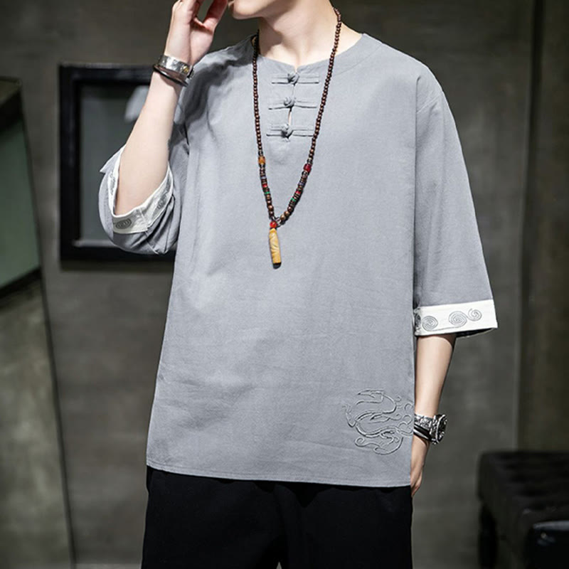 Buddha-Steine, Frosch-Knopf, Drachen-Stickerei, chinesischer Tang-Anzug, Dreiviertelärmel, Hemd aus Baumwolle und Leinen, Herrenbekleidung - image 15