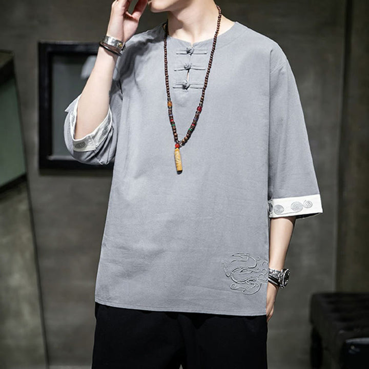 Buddha-Steine, Frosch-Knopf, Drachen-Stickerei, chinesischer Tang-Anzug, Dreiviertelärmel, Hemd aus Baumwolle und Leinen, Herrenbekleidung - image 15