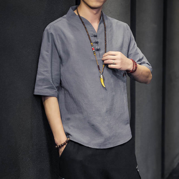 Buddha Stones Casual Sommer Halbarmhemd Baumwolle Herrenbekleidung - Grau - US/ UK/AU46,EU56 (5XL) - image 17