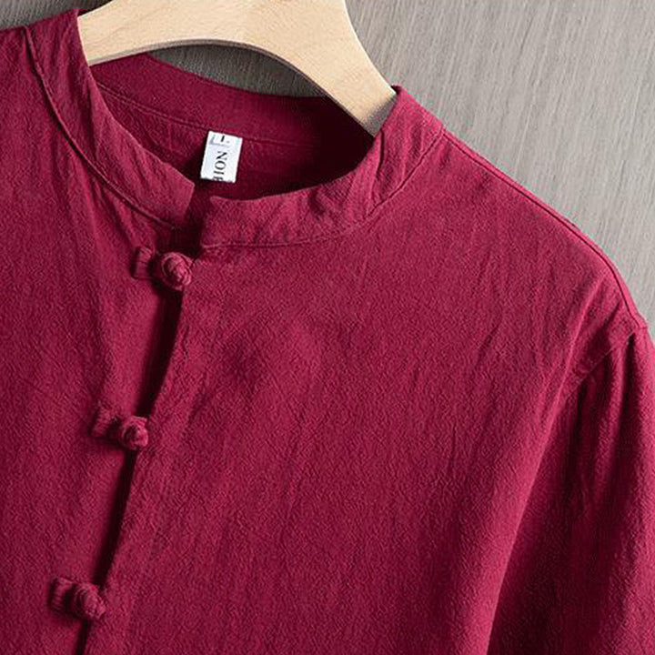 Buddha Stones Frosch-Knopf Plain Chinesischer Tang-Anzug Kurzarmhemd Baumwolle Leinen Herren Kleidung - image 2