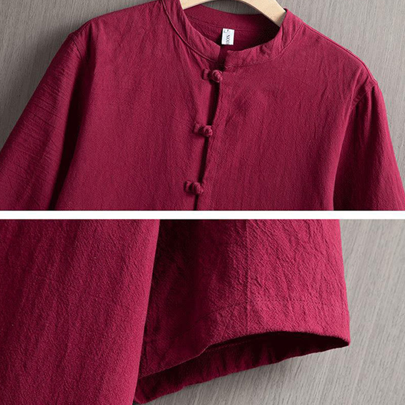 Buddha Stones Frosch-Knopf Plain Chinesischer Tang-Anzug Kurzarmhemd Baumwolle Leinen Herren Kleidung - image 3