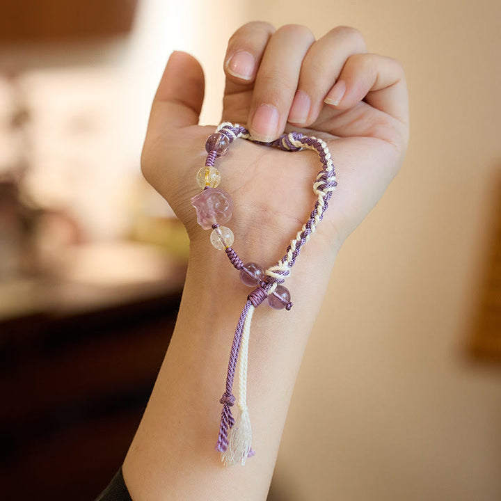 Buddha Stones Naturfluorit Amethyst Silberglanz Obsidian Tigerauge Schutzseil Armband