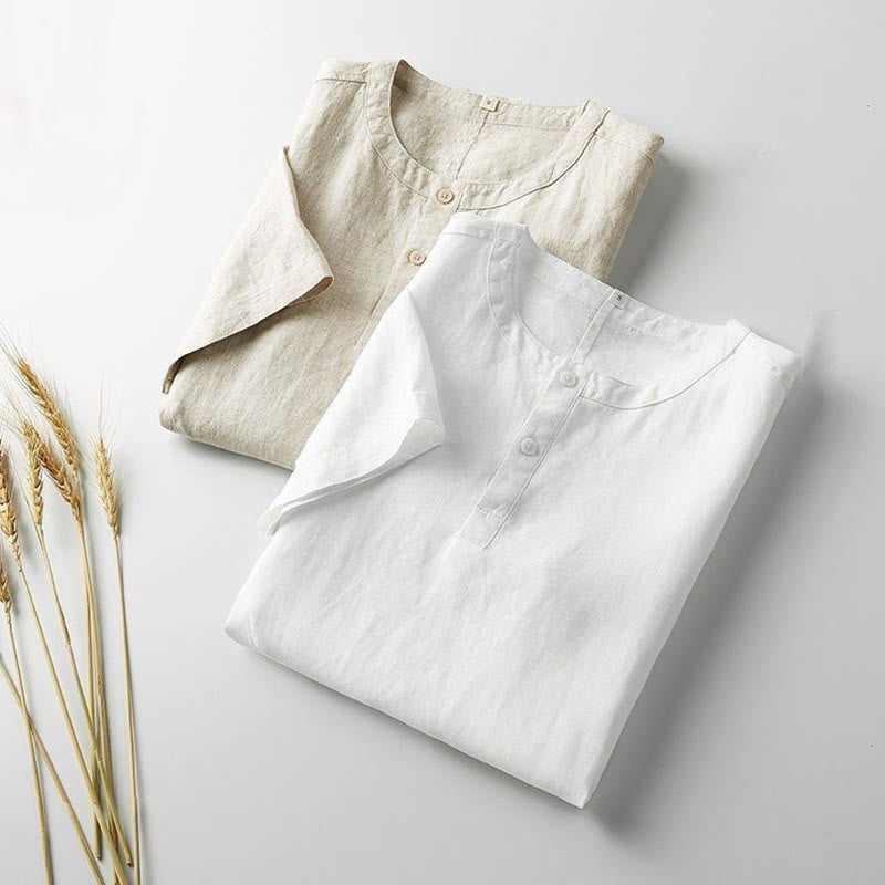 Buddha Stones Sommer Herren Einfarbiges Kurzarmhemd aus Baumwolle und Leinen mit Knöpfen - image 2