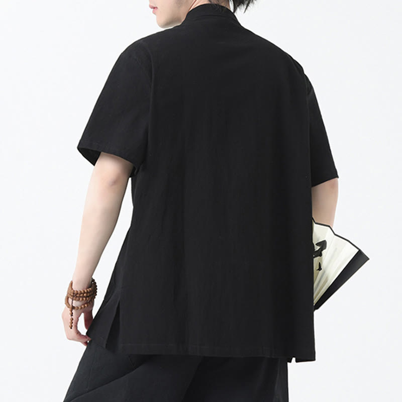 Buddha Stones Frosch-Knopf Chinesischer Tang-Anzug Kurzarmhemd Leinen Herren Kleidung mit Taschen - image 4