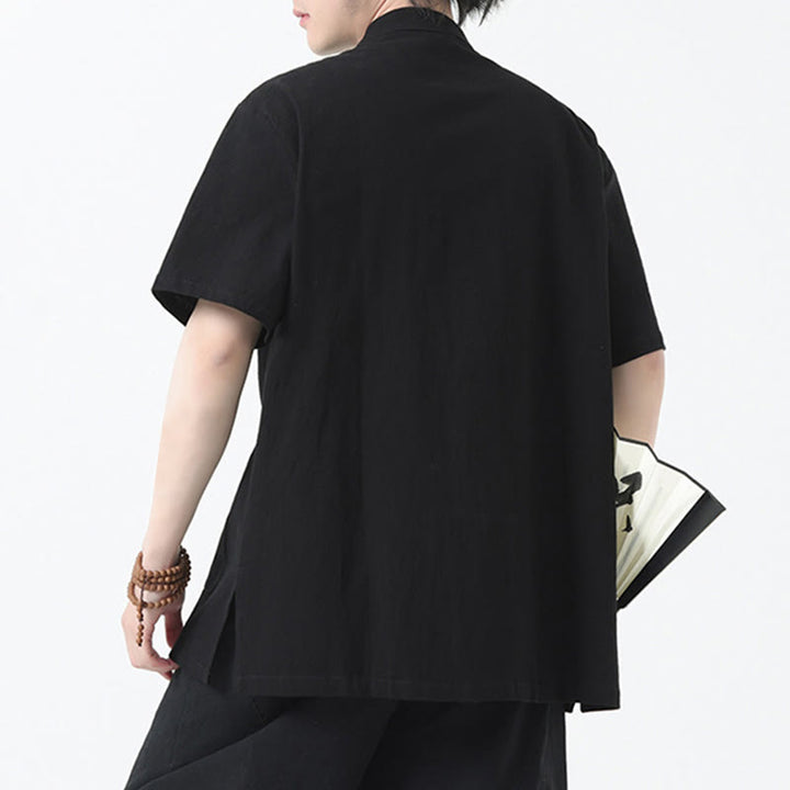 Buddha Stones Frosch-Knopf Chinesischer Tang-Anzug Kurzarmhemd Leinen Herren Kleidung mit Taschen - image 4