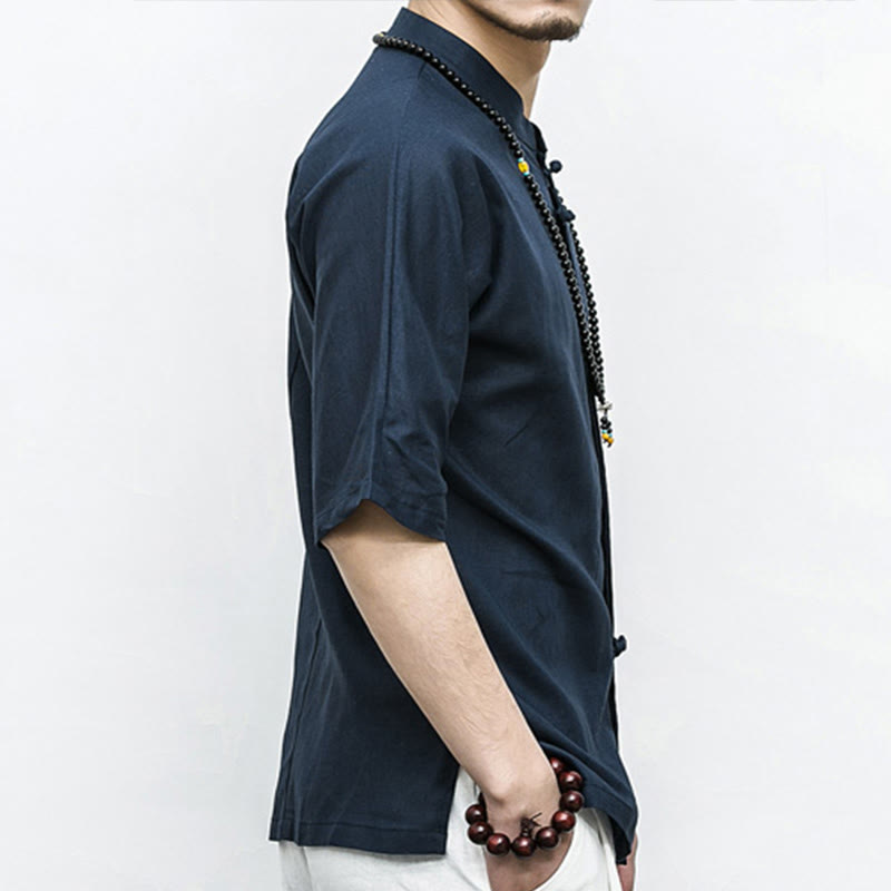 Buddha-Steine, chinesischer Frosch-Knopf, Tang-Anzug, Zen, Halbarm-Hemd, Leinen, Herrenbekleidung - image 3