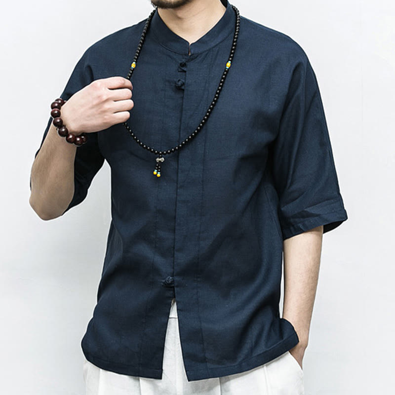 Buddha-Steine, chinesischer Frosch-Knopf, Tang-Anzug, Zen, Halbarm-Hemd, Leinen, Herrenbekleidung - image 1