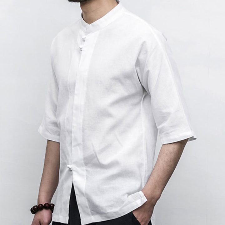 Buddha-Steine, chinesischer Frosch-Knopf, Tang-Anzug, Zen, Halbarm-Hemd, Leinen, Herrenbekleidung - image 7