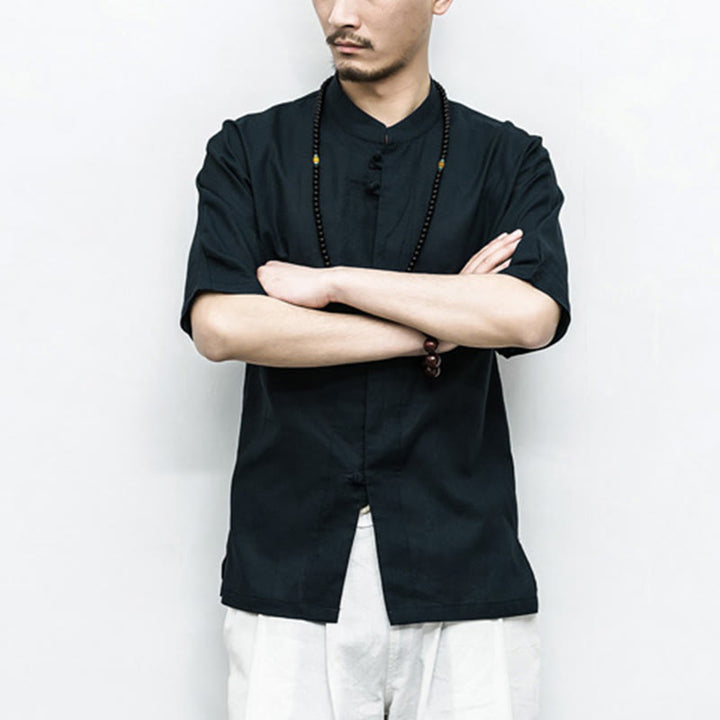 Buddha-Steine, chinesischer Frosch-Knopf, Tang-Anzug, Zen, Halbarm-Hemd, Leinen, Herrenbekleidung - image 16