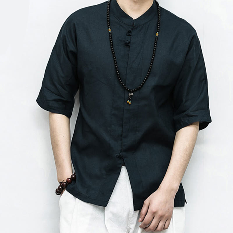 Buddha-Steine, chinesischer Frosch-Knopf, Tang-Anzug, Zen, Halbarm-Hemd, Leinen, Herrenbekleidung - image 13