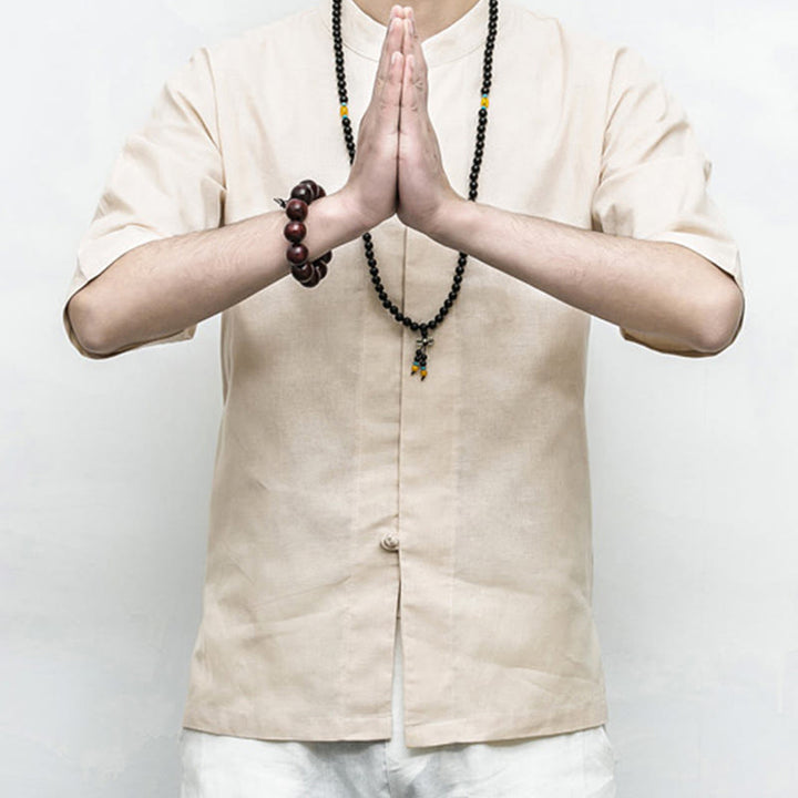 Buddha-Steine, chinesischer Frosch-Knopf, Tang-Anzug, Zen, Halbarm-Hemd, Leinen, Herrenbekleidung - image 19