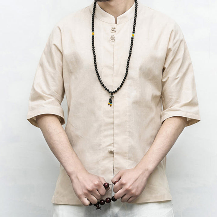 Buddha-Steine, chinesischer Frosch-Knopf, Tang-Anzug, Zen, Halbarm-Hemd, Leinen, Herrenbekleidung - image 18
