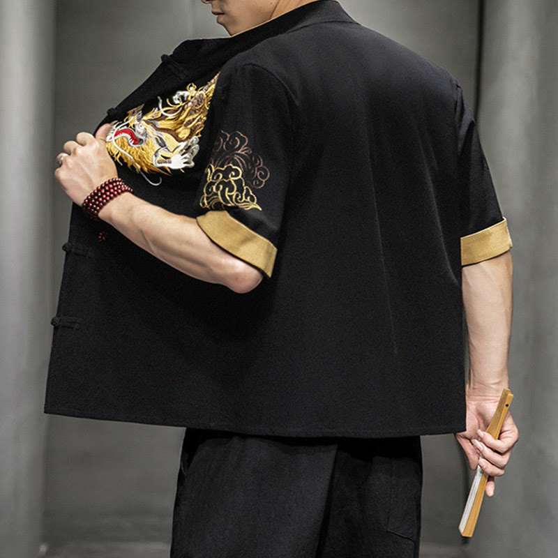 Buddha-Steine, Frosch-Knopf, chinesischer Drache, glückverheißende Wolkenstickerei, Halbarm-Hemd aus Baumwolle und Leinen für Herren - image 2