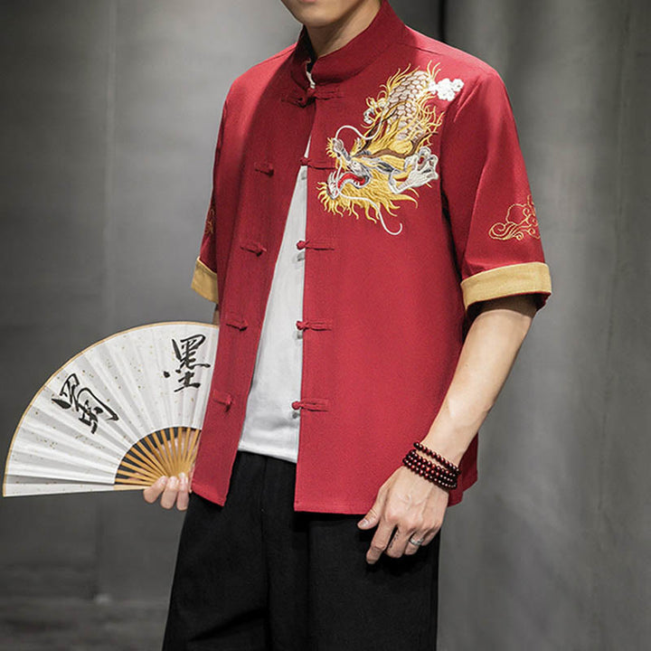 Buddha-Steine, Frosch-Knopf, chinesischer Drache, glückverheißende Wolkenstickerei, Halbarm-Hemd aus Baumwolle und Leinen für Herren - Tomate - US/ UK/AU44,EU54 (5XL)  - image 12