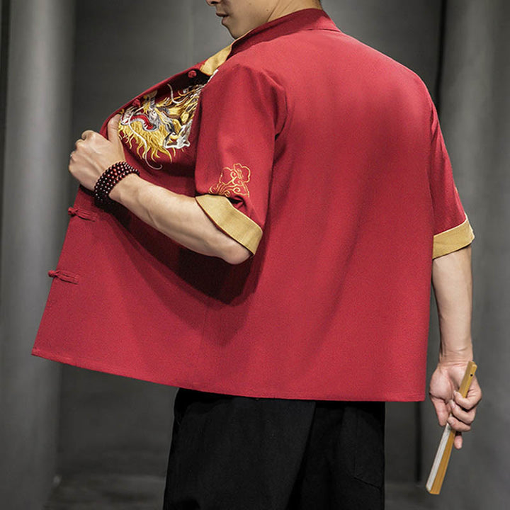 Buddha-Steine, Frosch-Knopf, chinesischer Drache, glückverheißende Wolkenstickerei, Halbarm-Hemd aus Baumwolle und Leinen für Herren - image 14