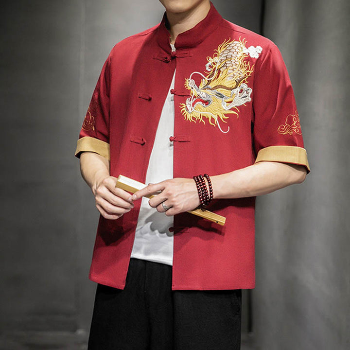 Buddha-Steine, Frosch-Knopf, chinesischer Drache, glückverheißende Wolkenstickerei, Halbarm-Hemd aus Baumwolle und Leinen für Herren - image 19