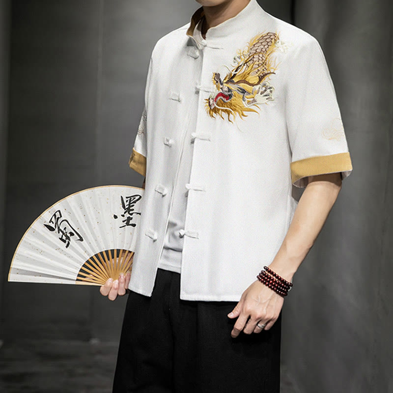 Buddha-Steine, Frosch-Knopf, chinesischer Drache, glückverheißende Wolkenstickerei, Halbarm-Hemd aus Baumwolle und Leinen für Herren - Weiß - US/ UK/AU44,EU54 (5XL)  - image 20