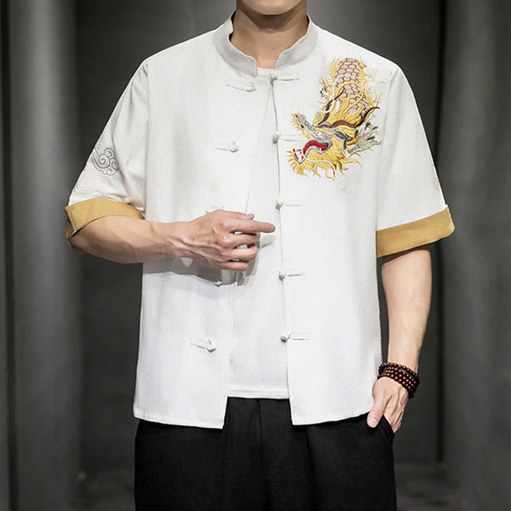 Buddha-Steine, Frosch-Knopf, chinesischer Drache, glückverheißende Wolkenstickerei, Halbarm-Hemd aus Baumwolle und Leinen für Herren - image 23