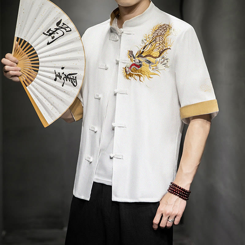 Buddha-Steine, Frosch-Knopf, chinesischer Drache, glückverheißende Wolkenstickerei, Halbarm-Hemd aus Baumwolle und Leinen für Herren - image 21