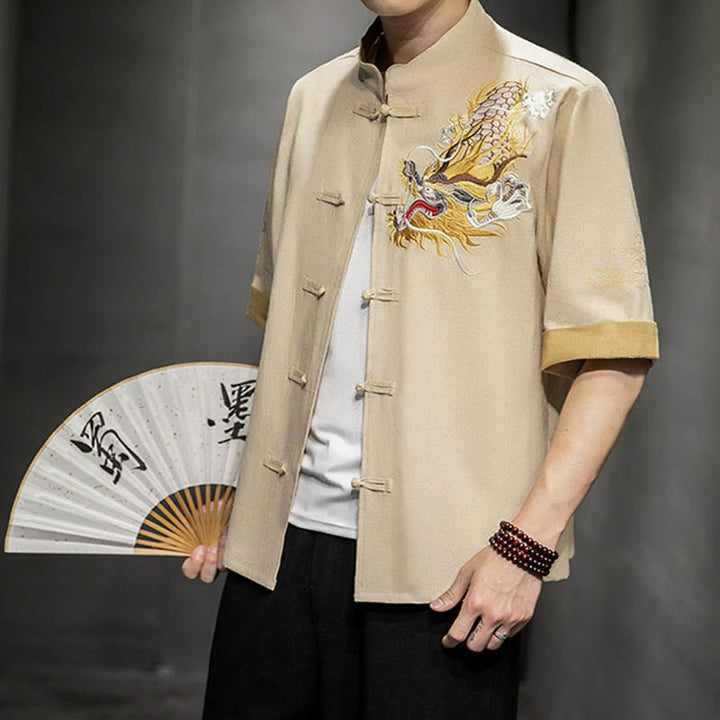 Buddha-Steine, Frosch-Knopf, chinesischer Drache, glückverheißende Wolkenstickerei, Halbarm-Hemd aus Baumwolle und Leinen für Herren - Leinen - US/ UK/AU44,EU54 (5XL)  - image 26