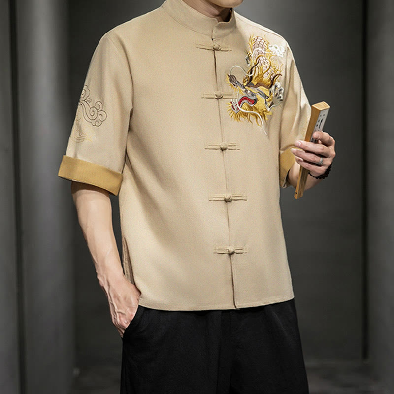 Buddha-Steine, Frosch-Knopf, chinesischer Drache, glückverheißende Wolkenstickerei, Halbarm-Hemd aus Baumwolle und Leinen für Herren - image 30