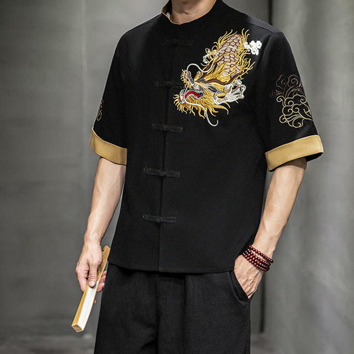 Buddha-Steine, Frosch-Knopf, chinesischer Drache, glückverheißende Wolkenstickerei, Halbarm-Hemd aus Baumwolle und Leinen für Herren - image 6