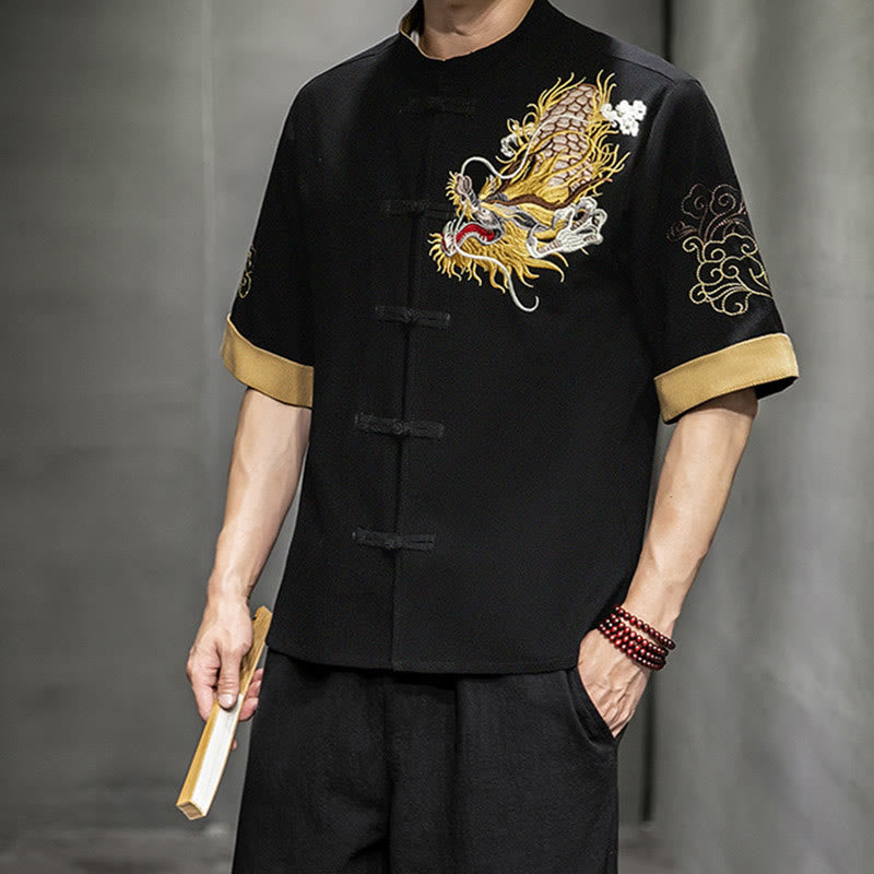 Buddha-Steine, Frosch-Knopf, chinesischer Drache, glückverheißende Wolkenstickerei, Halbarm-Hemd aus Baumwolle und Leinen für Herren - image 6