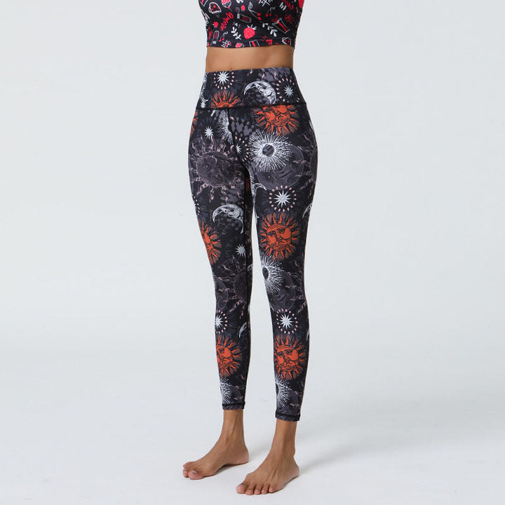 Buddha Steine Blumen Federn Sonne Mond Druck Sport Fitness Yoga Hohe Taille Leggings frauen Hosen - Schwarz Rot Sonne Weiß Mond - US12, UK/AU16,EU44 (XL) - image 6