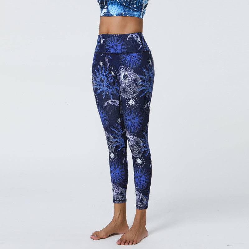 Buddha Steine Blumen Federn Sonne Mond Druck Sport Fitness Yoga Hohe Taille Leggings frauen Hosen - Dunkelblaue Sonne Weißer Mond - US12, UK/AU16,EU44 (XL) - image 11