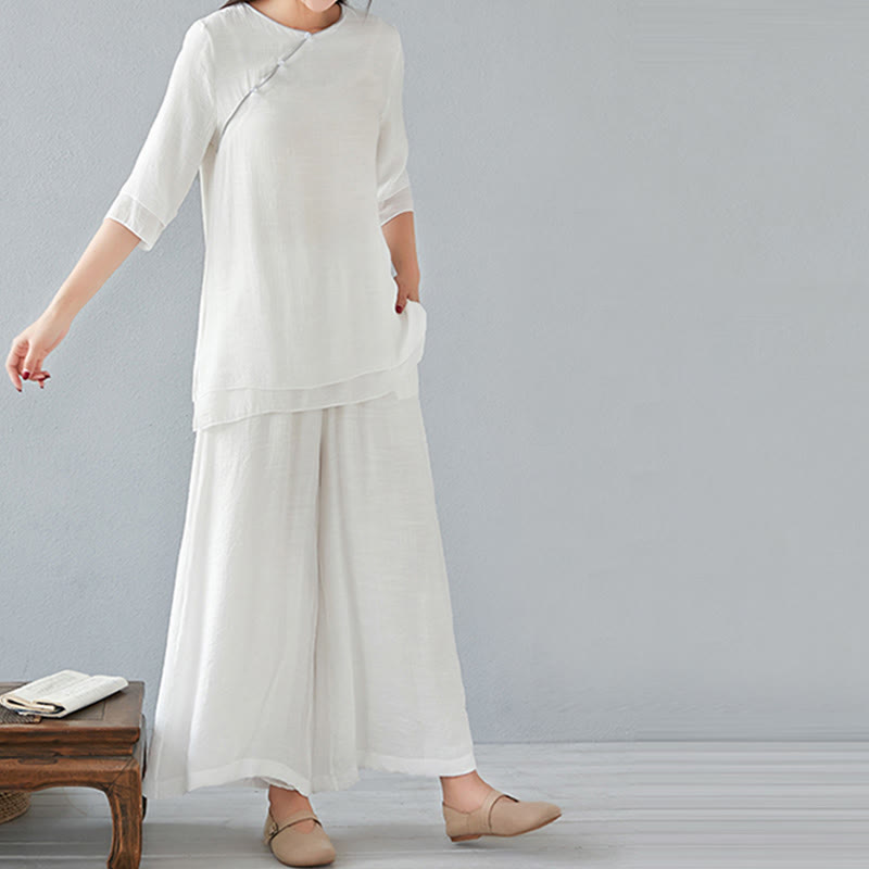 Buddha Stones 2-teiliges Set mit Dreiviertelärmeln, Langarmhemd und Hose mit weitem Bein, Meditationskleidung aus Baumwolle und Leinen für Damen - image 8