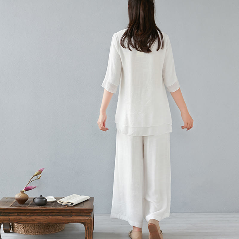 Buddha Stones 2-teiliges Set mit Dreiviertelärmeln, Langarmhemd und Hose mit weitem Bein, Meditationskleidung aus Baumwolle und Leinen für Damen - image 10