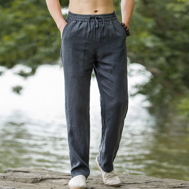 Buddha Stones - Einfarbige Herrenhose aus Baumwollleinen mit weitem Bein und Taschen - image 11