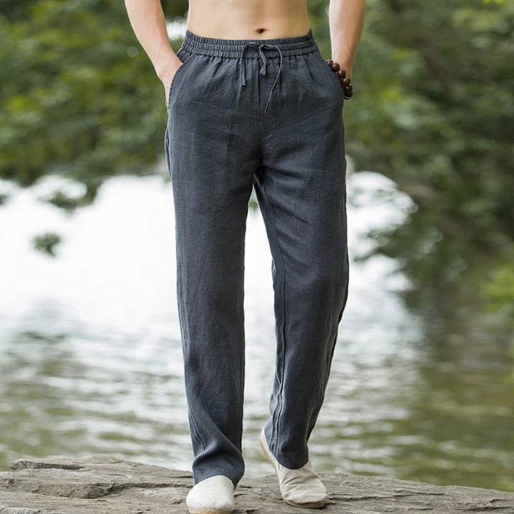 Buddha Stones - Einfarbige Herrenhose aus Baumwollleinen mit weitem Bein und Taschen - image 11