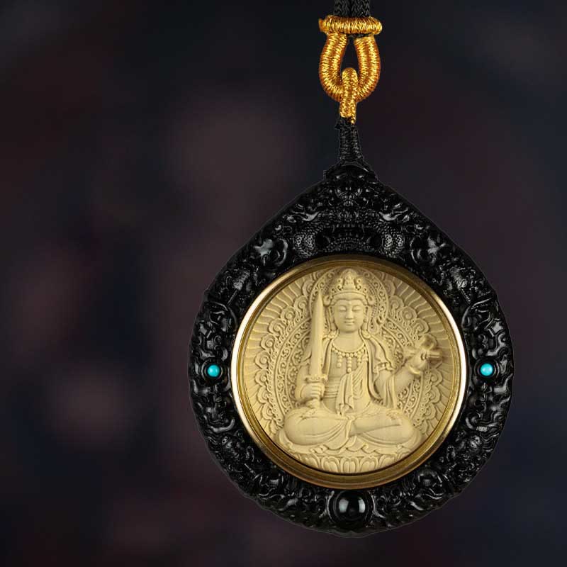 Buddha Stones chinesisches Tierkreiszeichen Geburt Buddha kleiner Blatt rotes Sandelholz Ebenholz Langlebigkeits-Halskette Anhänger - Kaninchen-Manjushri Bodhisattva - Ebenholz - image 3