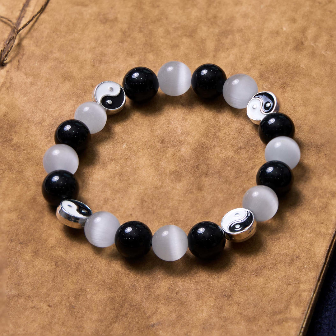Buddha Stones Armband aus schwarzem Obsidian mit Katzenauge, Yin und Yang, zur Reinigung und Stärkung