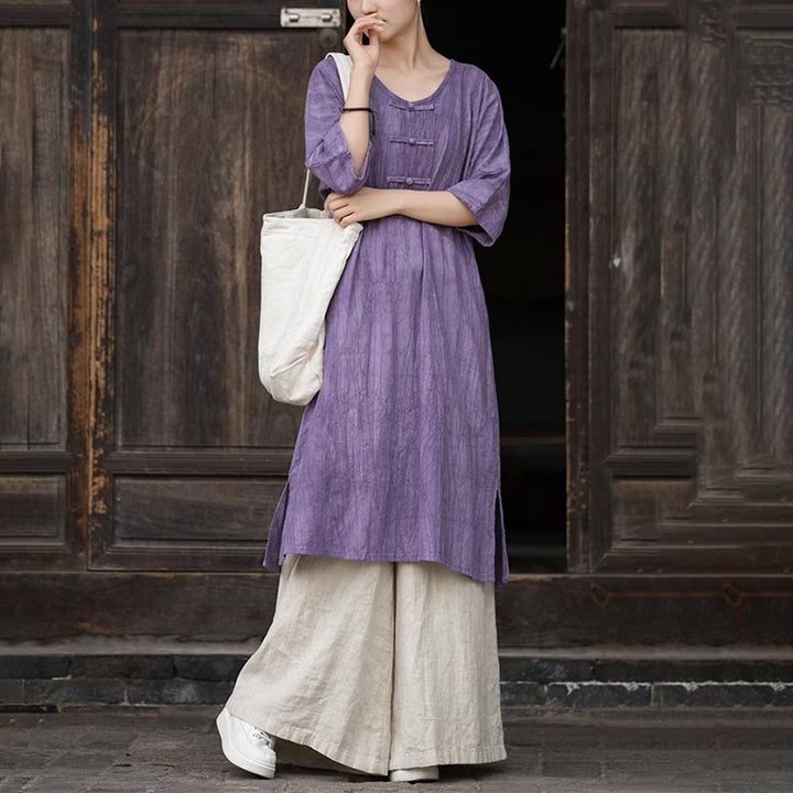 Buddha Stones Handgemachtes Tie Dye Ramie Leinen Froschknopf Midikleid Weite Beinhose mit Taschen - image 4