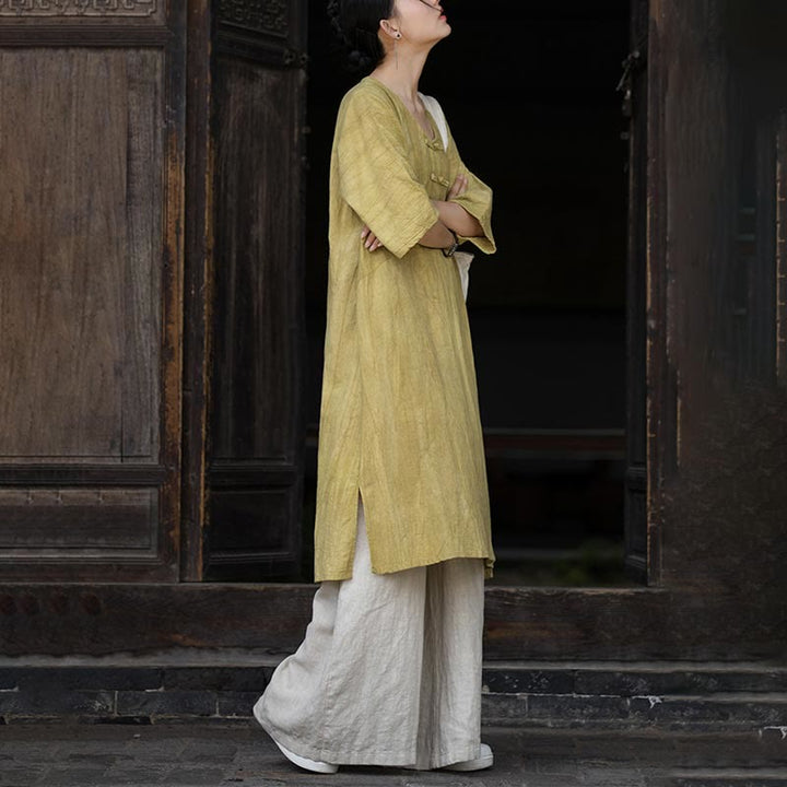 Buddha Stones Handgemachtes Tie Dye Ramie Leinen Froschknopf Midikleid Weite Beinhose mit Taschen - image 25