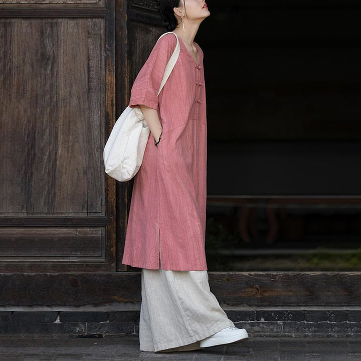 Buddha Stones Handgemachtes Tie Dye Ramie Leinen Froschknopf Midikleid Weite Beinhose mit Taschen - image 15