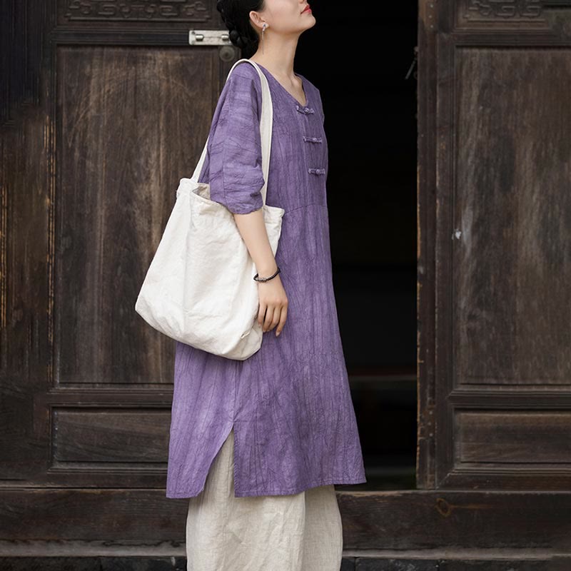 Buddha Stones Handgemachtes Tie Dye Ramie Leinen Froschknopf Midikleid Weite Beinhose mit Taschen - image 8