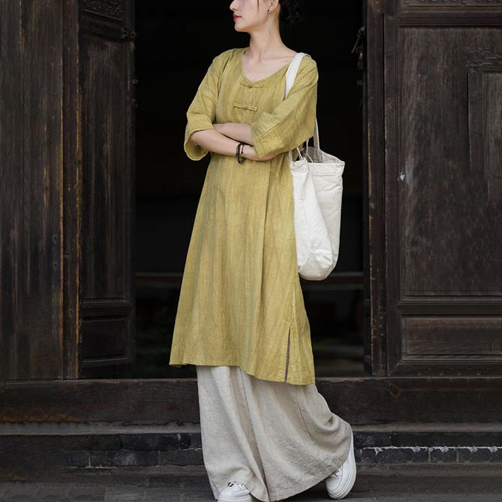 Buddha Stones Handgemachtes Tie Dye Ramie Leinen Froschknopf Midikleid Weite Beinhose mit Taschen - image 26