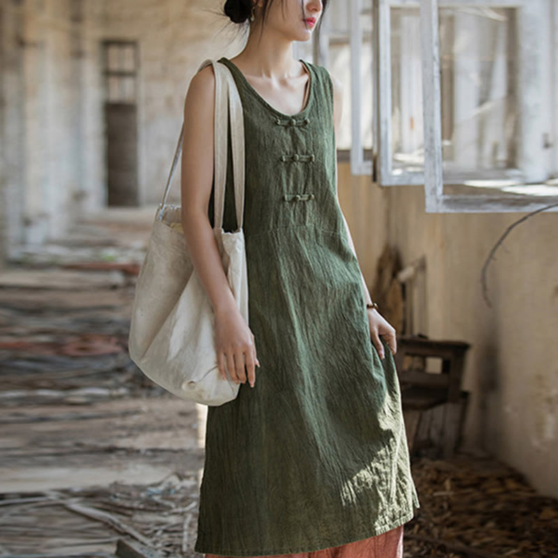 Buddha Stones Ärmelloses Camisole-Midikleid mit Froschknöpfen, Hose aus Ramie-Leinen mit weitem Bein und Taschen - Dunkelseegrünes Kleid (nur Kleid) - US4-8/10, UK/AU8-12/14,EU36-40/42 (F) - image 23