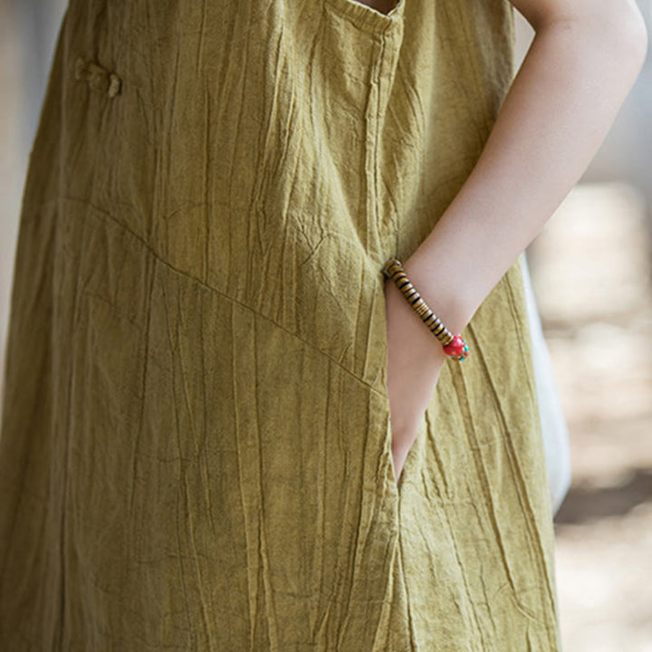 Buddha Stones Ärmelloses Camisole-Midikleid mit Froschknöpfen, Hose aus Ramie-Leinen mit weitem Bein und Taschen - image 9