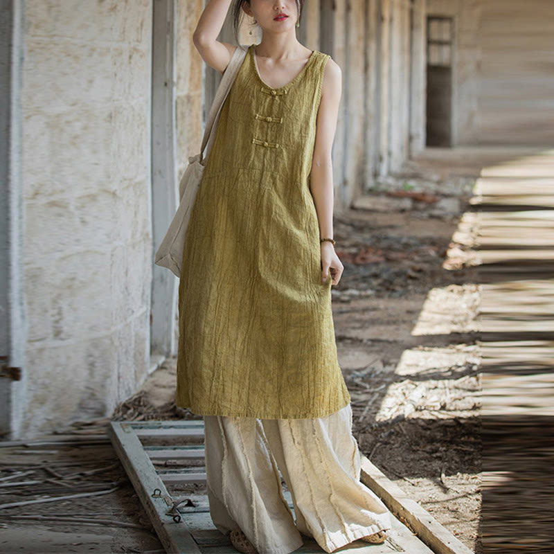 Buddha Stones Ärmelloses Camisole-Midikleid mit Froschknöpfen, Hose aus Ramie-Leinen mit weitem Bein und Taschen - image 1